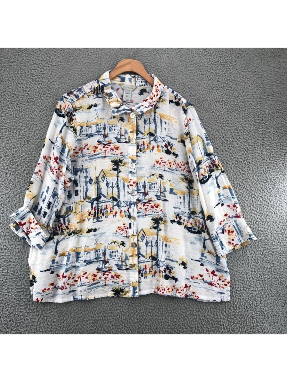 Multiples Shirt Womens Extra Large Petite Watercolor Boats Resort Wired Collar